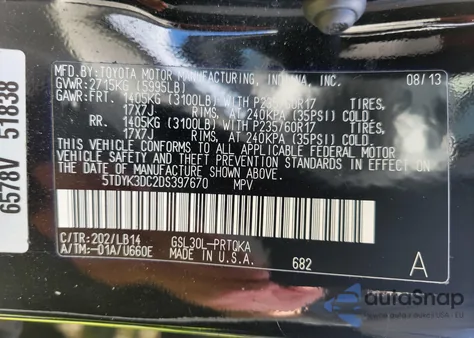 2013 Toyota Sienna Xle из США, поврежденный, VIN 5TDYK3DC2DS397670